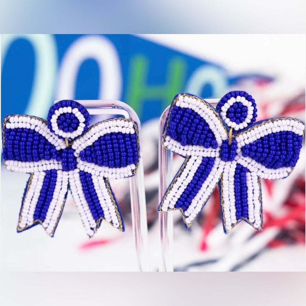 Blue/White Bow Seed Bead Earrings